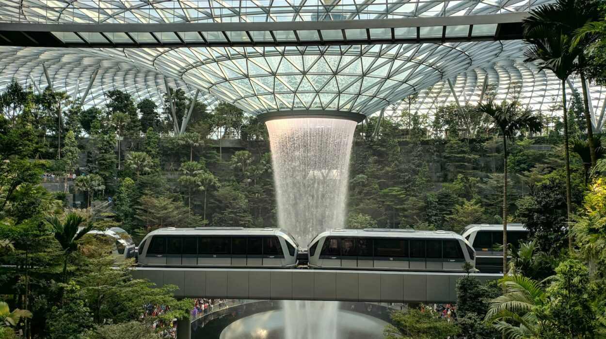 train near trees inside building with indoor waterfalls