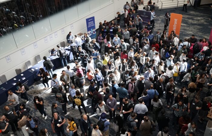 crowd of people in building lobby